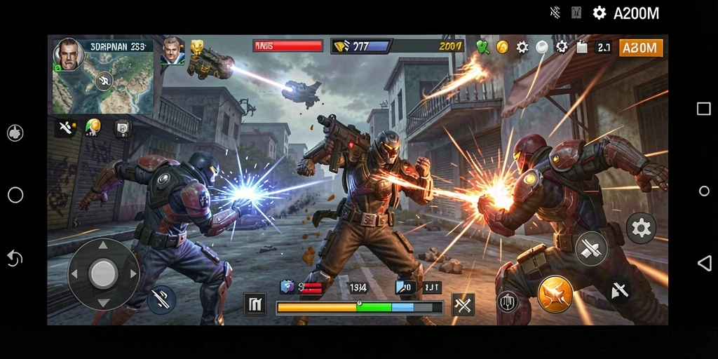 Screenshot gameplay A200M menampilkan aksi pertarungan yang intens dan mendebarkan.