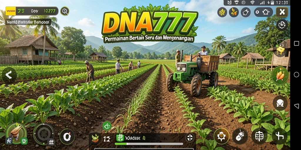 Screenshot gameplay DNA777 menunjukkan kegiatan bertani yang menyenangkan.