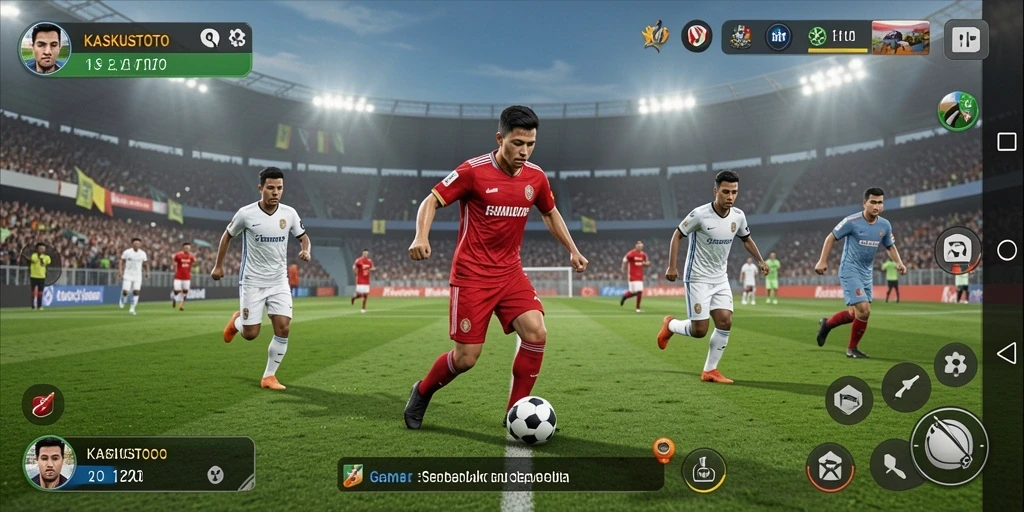 Screenshot gameplay KASKUSTOTO menampilkan aksi seru dalam pertandingan sepak bola.