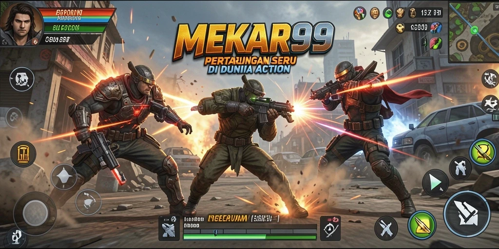 Screenshot utama MEKAR99 menampilkan aksi seru dalam pertarungan.