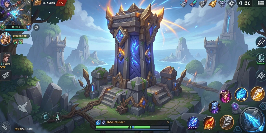 Tampilan gameplay <strong>MLBB777</strong> dengan menara pertahanan strategis.