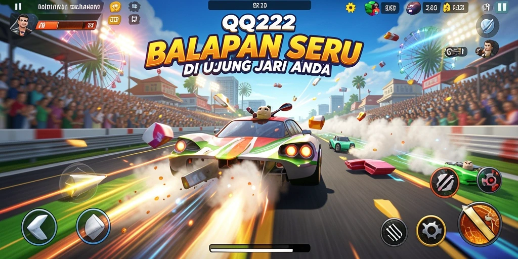 Tampilan gameplay seru dengan mobil balap cepat di lintasan.