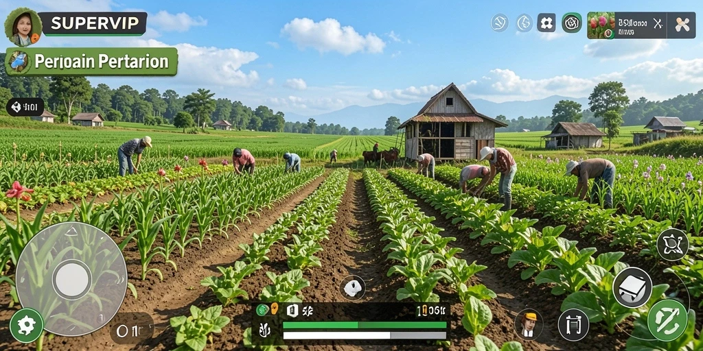 Screenshot gameplay SUPERVIP menunjukkan kebun yang subur dan hewan yang bahagia.