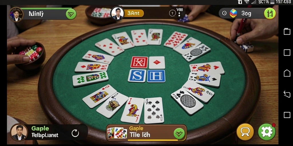 Tangkapan layar V98 yang menunjukkan gameplay Gaple yang seru dan interaktif.