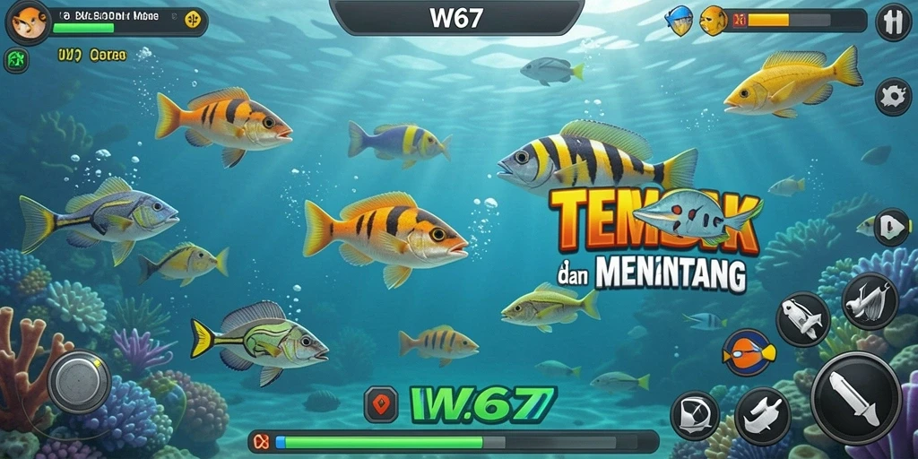 Screenshot gameplay W67 menampilkan aksi menangkap ikan yang seru.